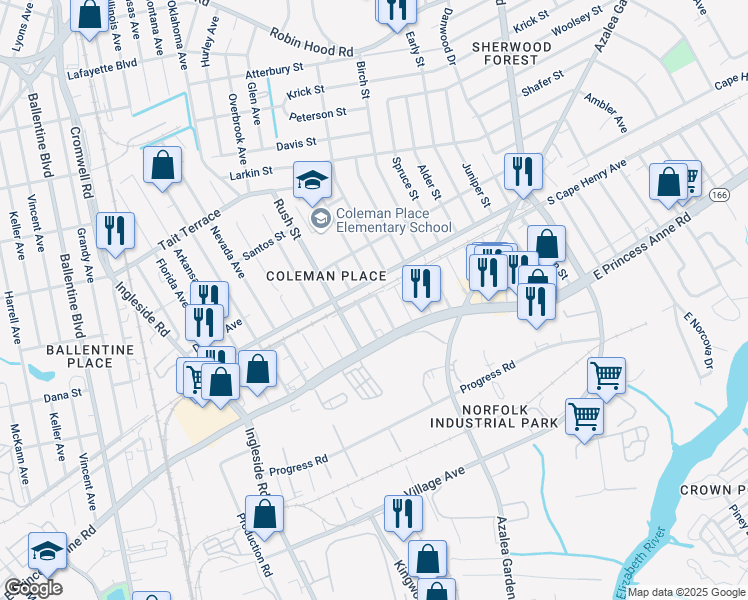 map of restaurants, bars, coffee shops, grocery stores, and more near 1538 Fairbanks Avenue in Norfolk