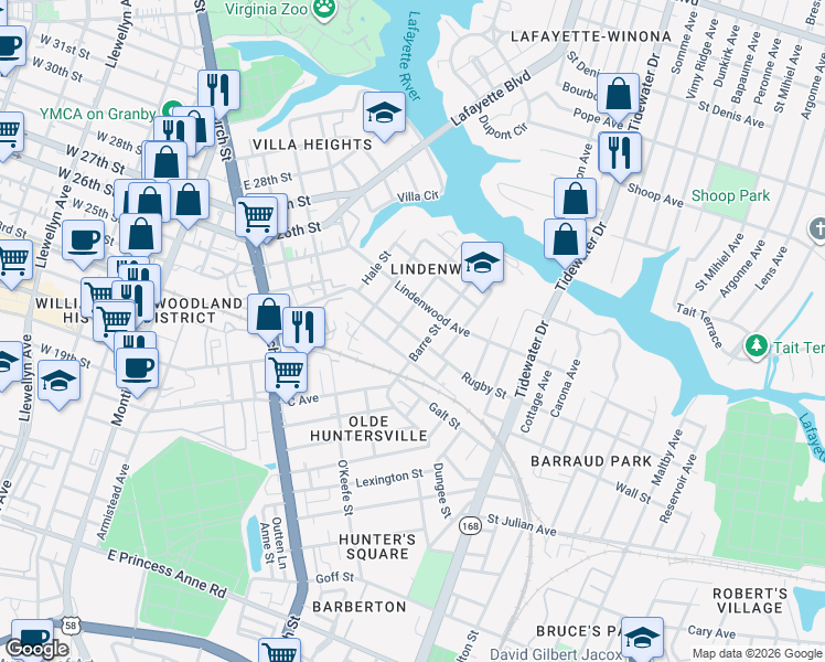 map of restaurants, bars, coffee shops, grocery stores, and more near 2401 Barre Street in Norfolk