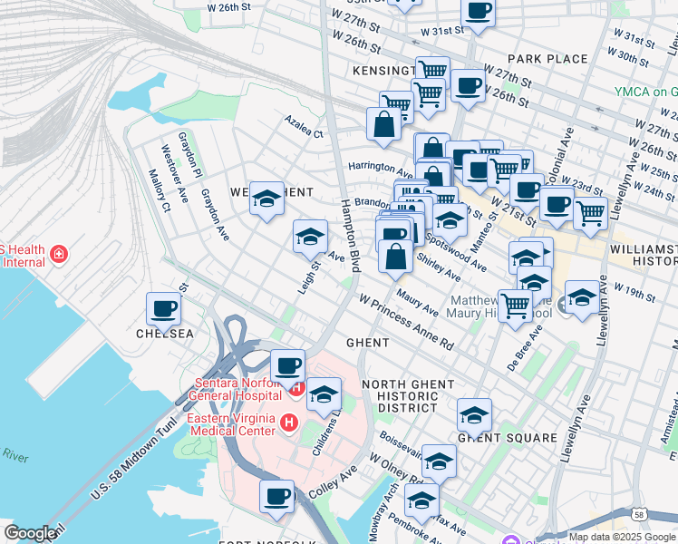 map of restaurants, bars, coffee shops, grocery stores, and more near 1209 Hampton Boulevard in Norfolk