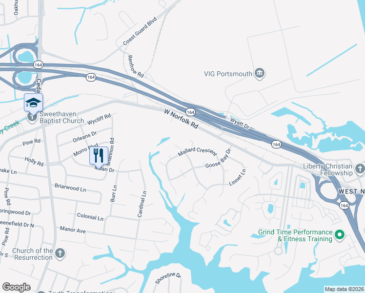 map of restaurants, bars, coffee shops, grocery stores, and more near 4632 Mallard Crescent in Portsmouth