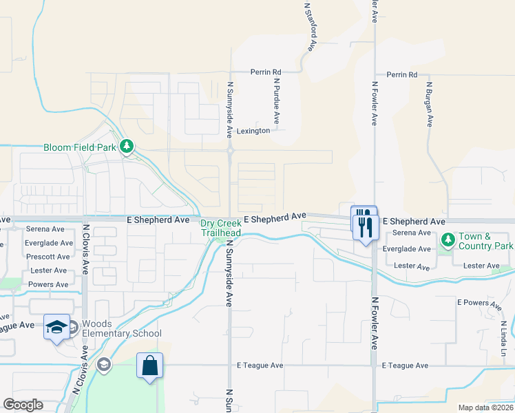 map of restaurants, bars, coffee shops, grocery stores, and more near 5095 East Shepherd Avenue in Clovis