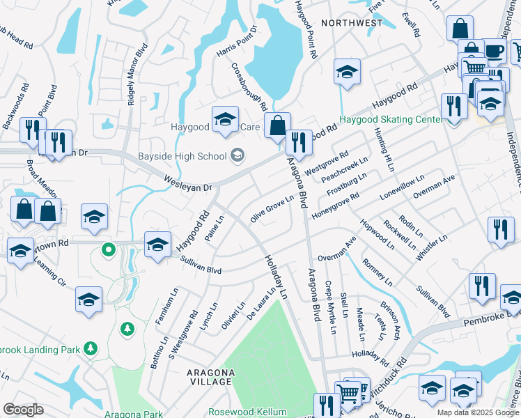 map of restaurants, bars, coffee shops, grocery stores, and more near 4940 Olive Grove Lane in Virginia Beach