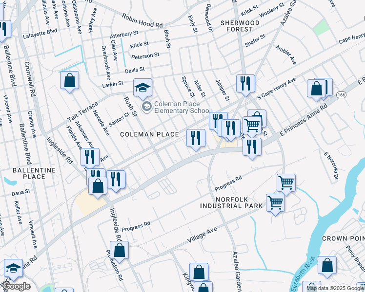 map of restaurants, bars, coffee shops, grocery stores, and more near 1531 Kennon Avenue in Norfolk