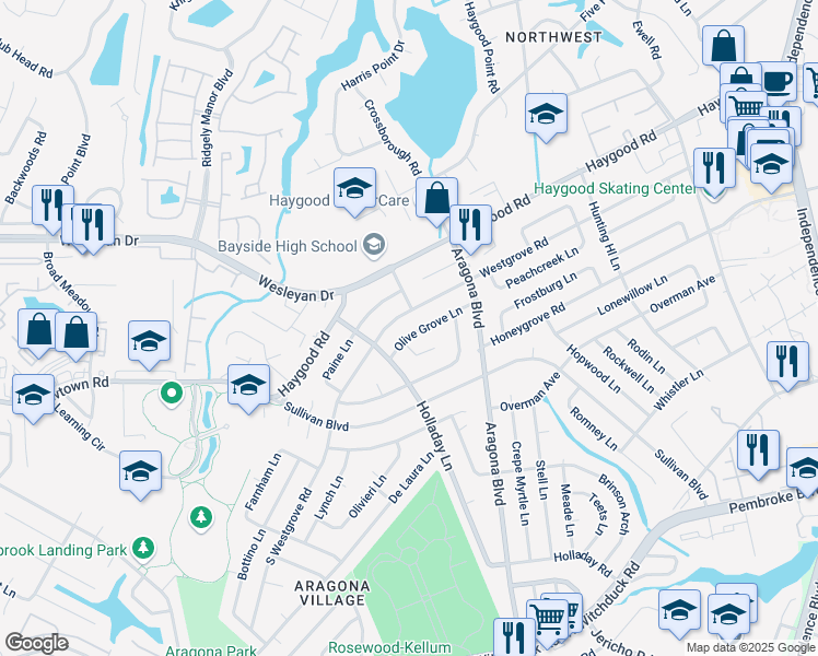 map of restaurants, bars, coffee shops, grocery stores, and more near 4940 Olive Grove Lane in Virginia Beach