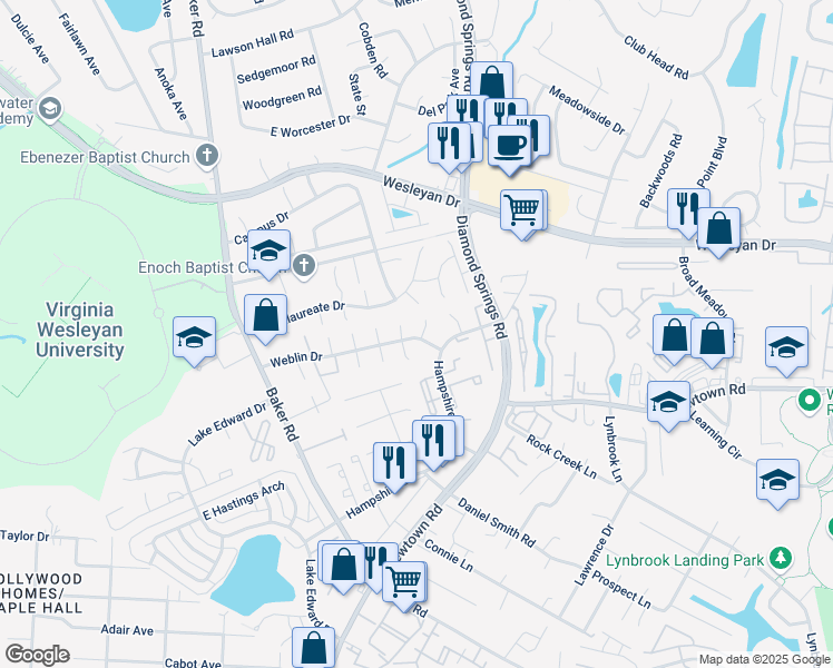 map of restaurants, bars, coffee shops, grocery stores, and more near 801 Stephanie Court in Virginia Beach