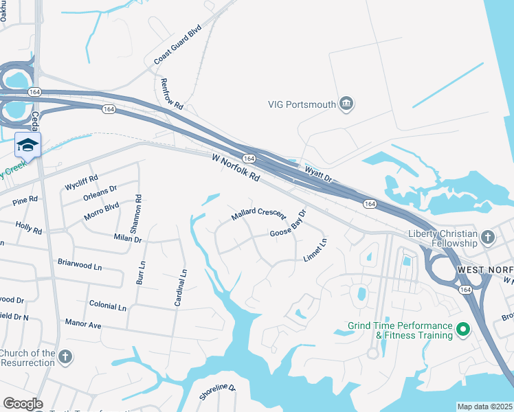 map of restaurants, bars, coffee shops, grocery stores, and more near 4624 Mallard Crescent in Portsmouth