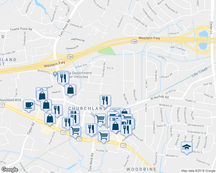 map of restaurants, bars, coffee shops, grocery stores, and more near 5807 Campbell Street in Portsmouth