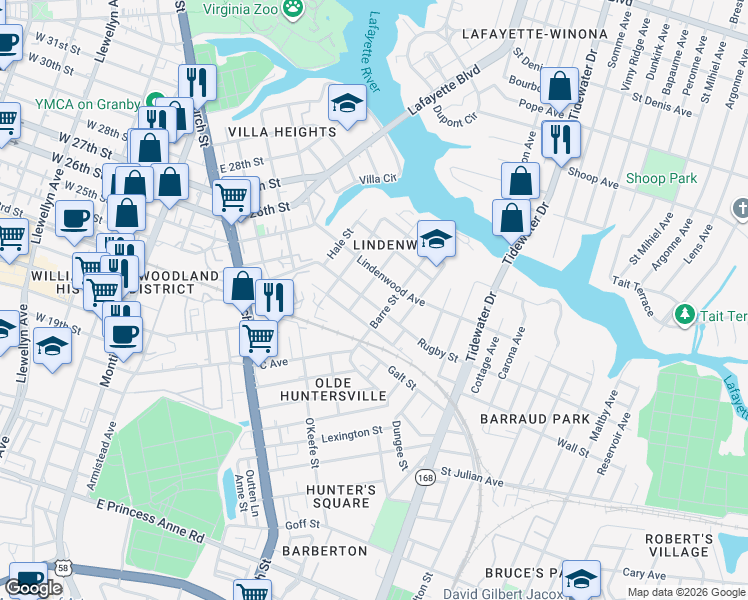 map of restaurants, bars, coffee shops, grocery stores, and more near 2401 Barre Street in Norfolk