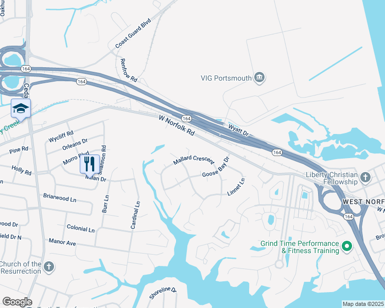 map of restaurants, bars, coffee shops, grocery stores, and more near 4624 Mallard Crescent in Portsmouth