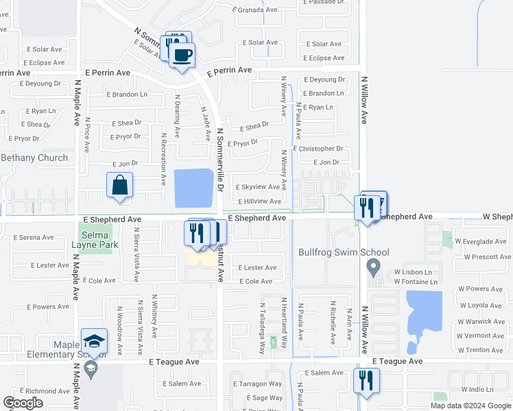map of restaurants, bars, coffee shops, grocery stores, and more near 2629 East Hillview Avenue in Fresno