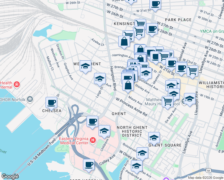 map of restaurants, bars, coffee shops, grocery stores, and more near 1301 Hampton Boulevard in Norfolk