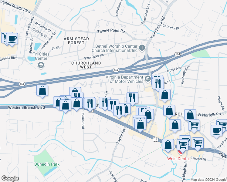 map of restaurants, bars, coffee shops, grocery stores, and more near 27 Willow Bend Court in Portsmouth