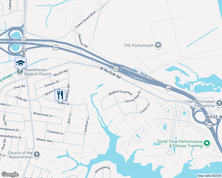 map of restaurants, bars, coffee shops, grocery stores, and more near 4632 Mallard Crescent in Portsmouth