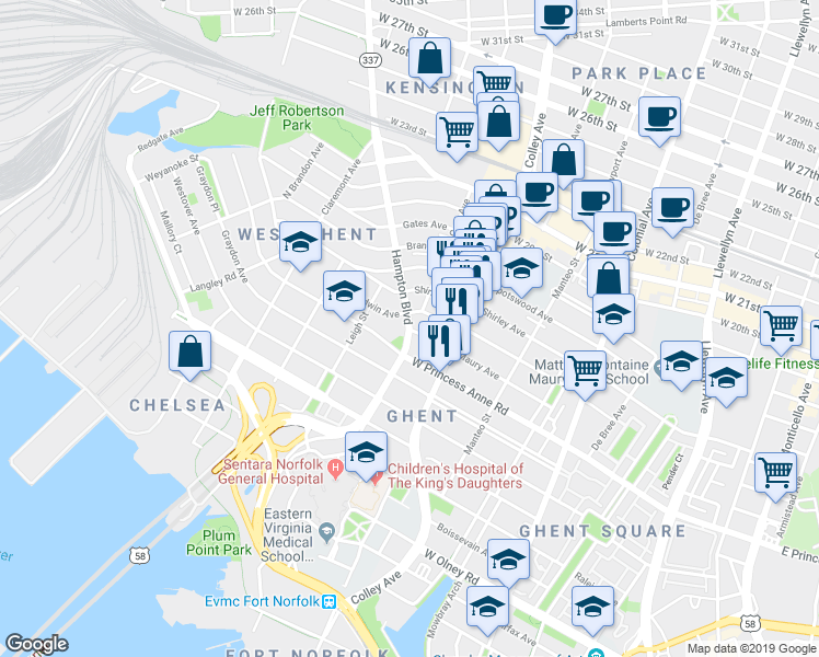 map of restaurants, bars, coffee shops, grocery stores, and more near 1301 Hampton Blvd in Norfolk