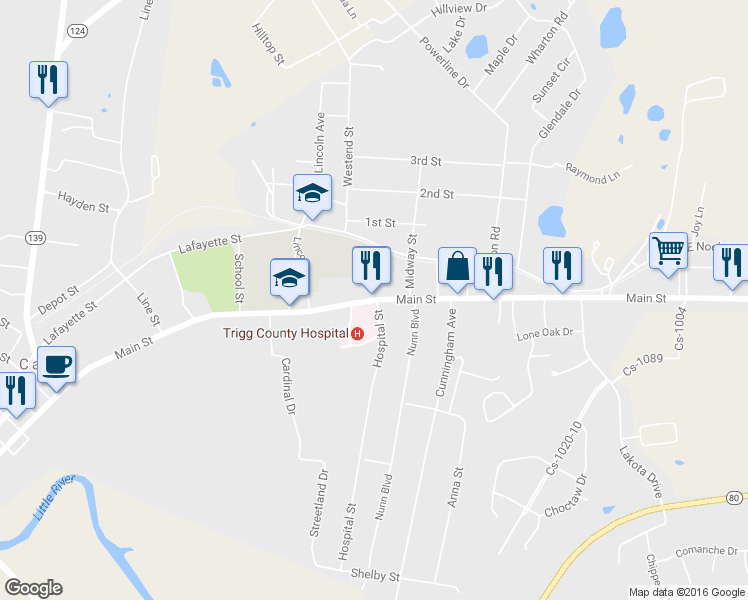 map of restaurants, bars, coffee shops, grocery stores, and more near 267 Main St in Cadiz