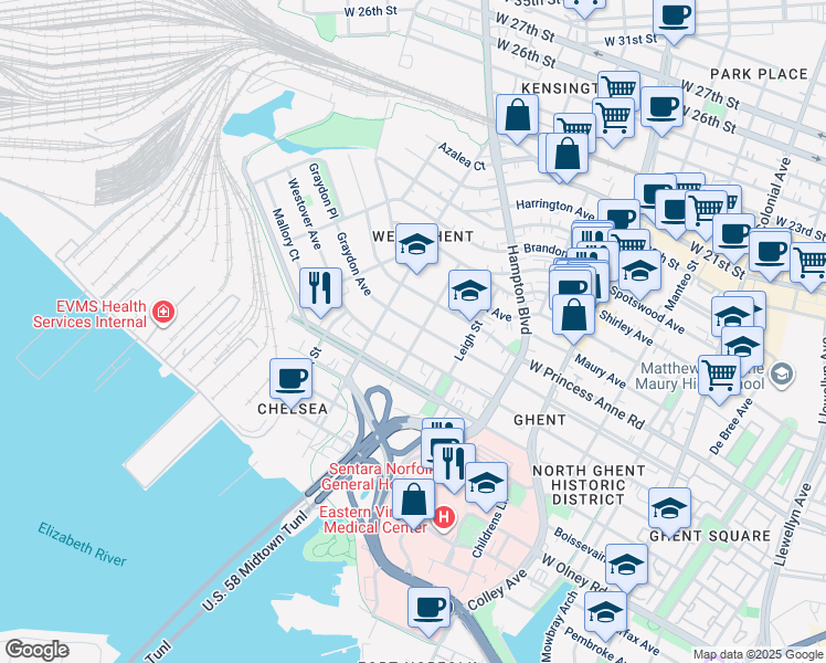 map of restaurants, bars, coffee shops, grocery stores, and more near 1101 Graydon Avenue in Norfolk