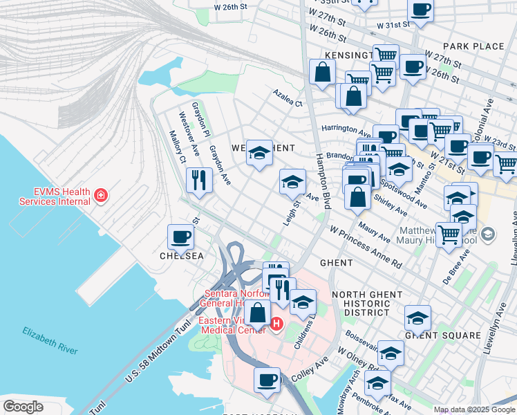 map of restaurants, bars, coffee shops, grocery stores, and more near 1101 Graydon Avenue in Norfolk
