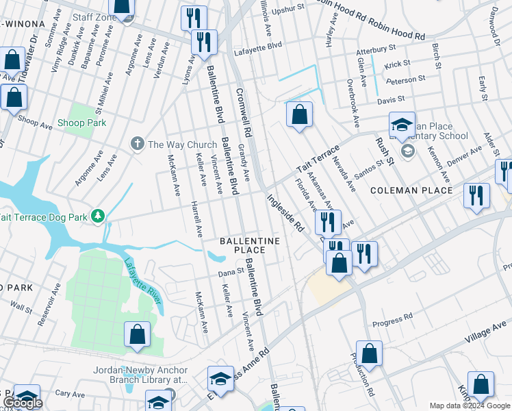 map of restaurants, bars, coffee shops, grocery stores, and more near 2534 Grandy Avenue in Norfolk