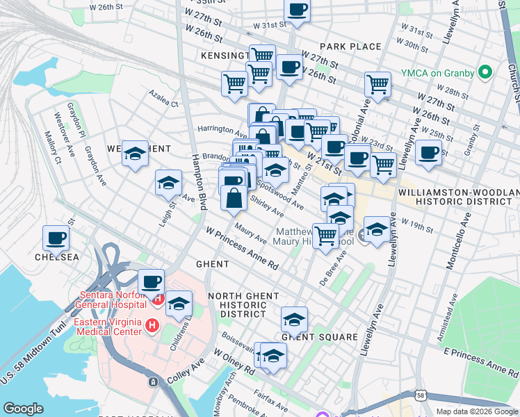 map of restaurants, bars, coffee shops, grocery stores, and more near 732 Baldwin Avenue in Norfolk