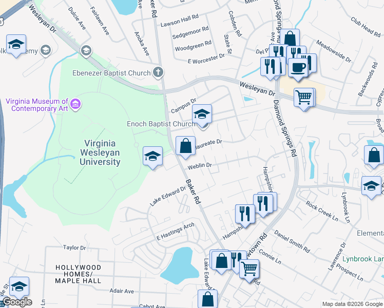 map of restaurants, bars, coffee shops, grocery stores, and more near 805 Diploma Court in Virginia Beach