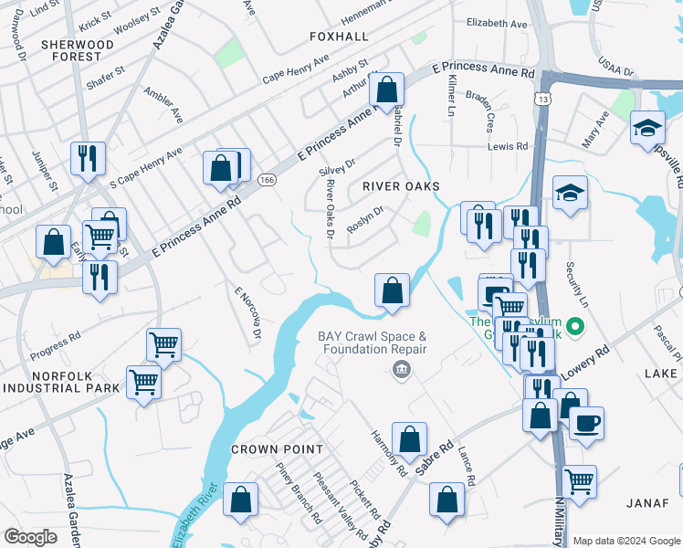 map of restaurants, bars, coffee shops, grocery stores, and more near 1273 River Oaks Drive in Norfolk