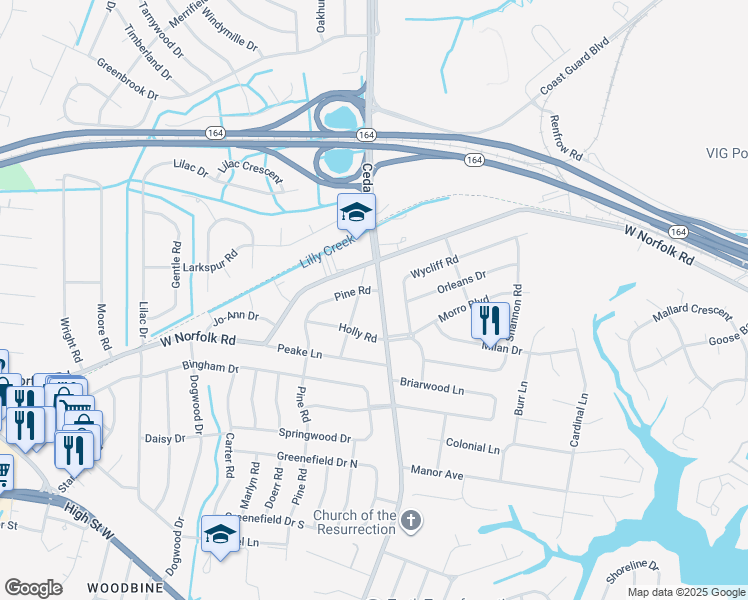 map of restaurants, bars, coffee shops, grocery stores, and more near 3905 Colony Road in Portsmouth