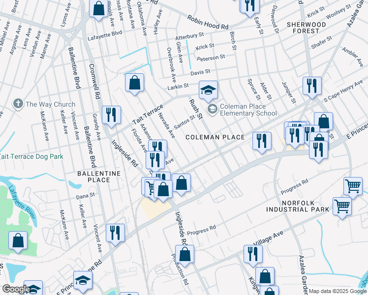 map of restaurants, bars, coffee shops, grocery stores, and more near 2326 Nevada Avenue in Norfolk