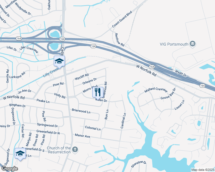 map of restaurants, bars, coffee shops, grocery stores, and more near 3736 Burr Lane in Portsmouth
