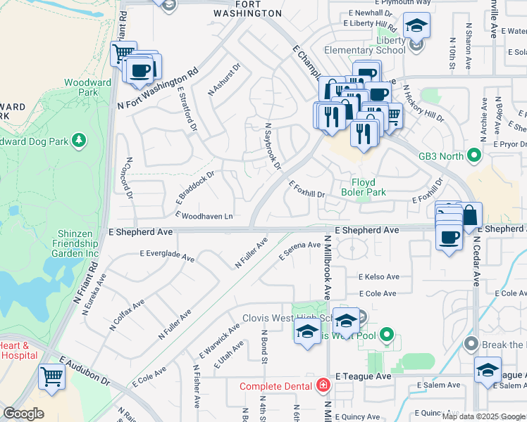 map of restaurants, bars, coffee shops, grocery stores, and more near 765 East Woodhaven Lane in Fresno