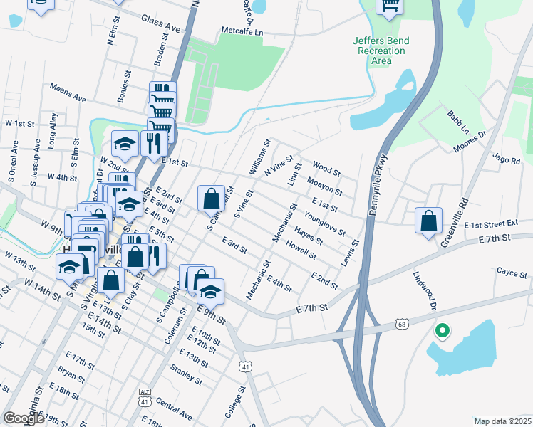 map of restaurants, bars, coffee shops, grocery stores, and more near 809 Hayes Street in Hopkinsville