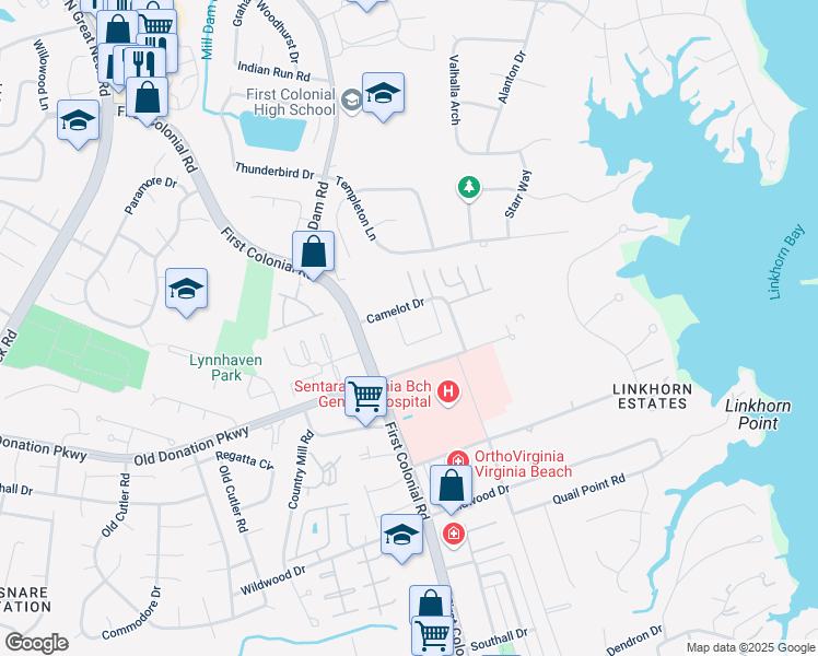 map of restaurants, bars, coffee shops, grocery stores, and more near 1801 Camelot Dr in Virginia Beach