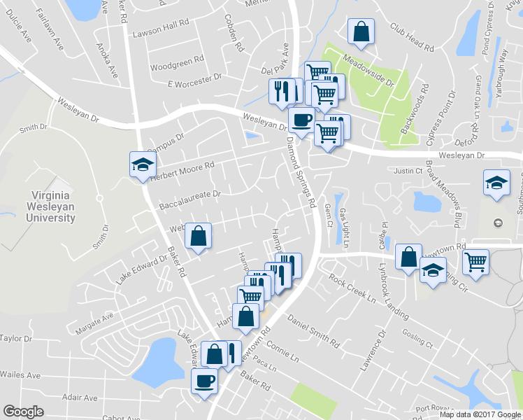 map of restaurants, bars, coffee shops, grocery stores, and more near 5742 Weblin Drive in Virginia Beach