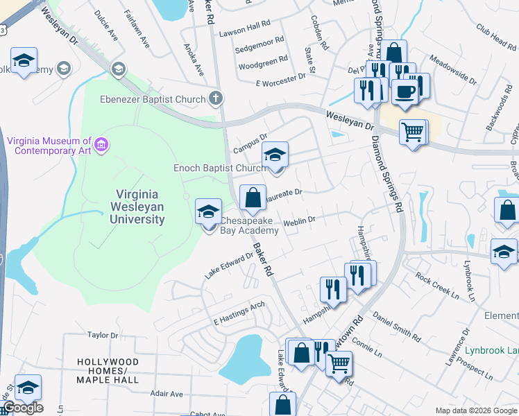 map of restaurants, bars, coffee shops, grocery stores, and more near 801 Diploma Court in Virginia Beach
