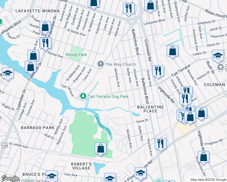 map of restaurants, bars, coffee shops, grocery stores, and more near 2847 Tait Terrace in Norfolk