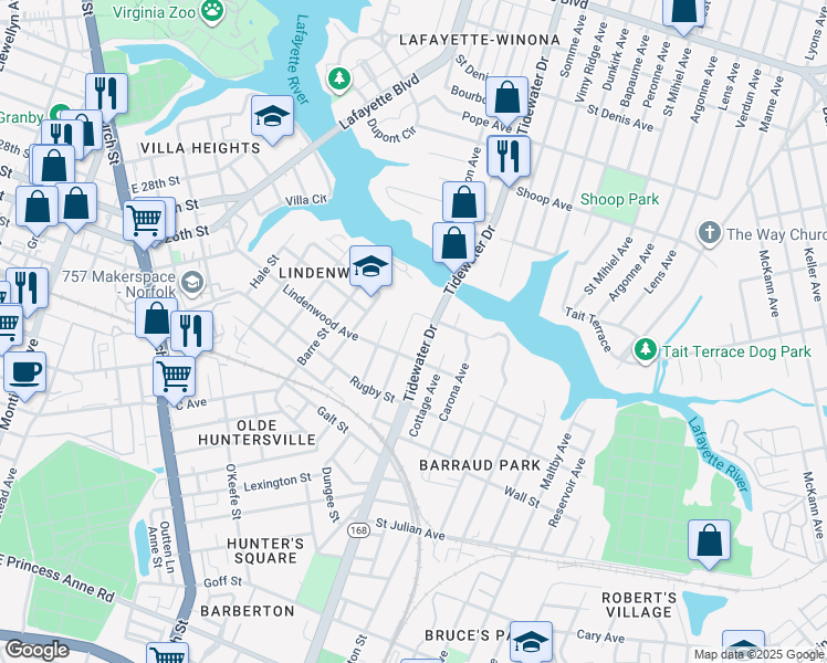 map of restaurants, bars, coffee shops, grocery stores, and more near in Norfolk