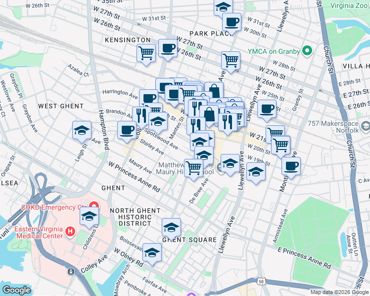map of restaurants, bars, coffee shops, grocery stores, and more near 1607 Colonial Avenue in Norfolk