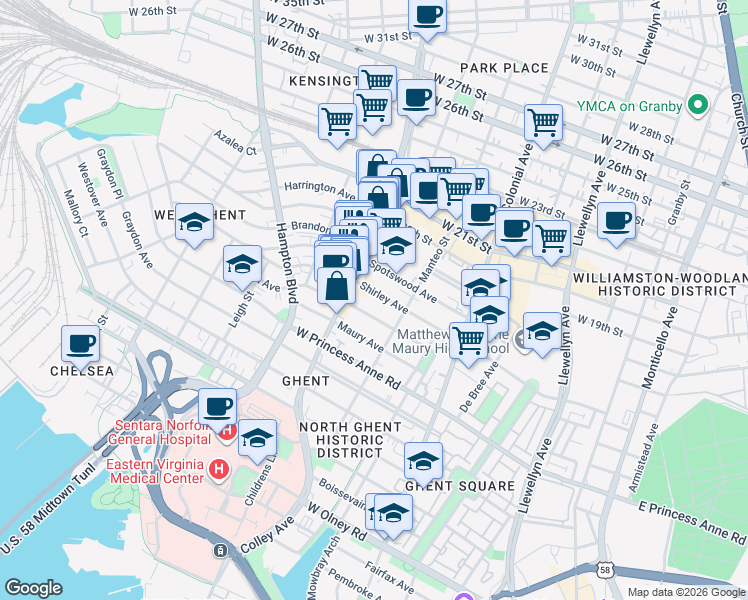 map of restaurants, bars, coffee shops, grocery stores, and more near 732 Baldwin Avenue in Norfolk