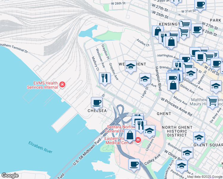 map of restaurants, bars, coffee shops, grocery stores, and more near 911 Orapax Street in Norfolk