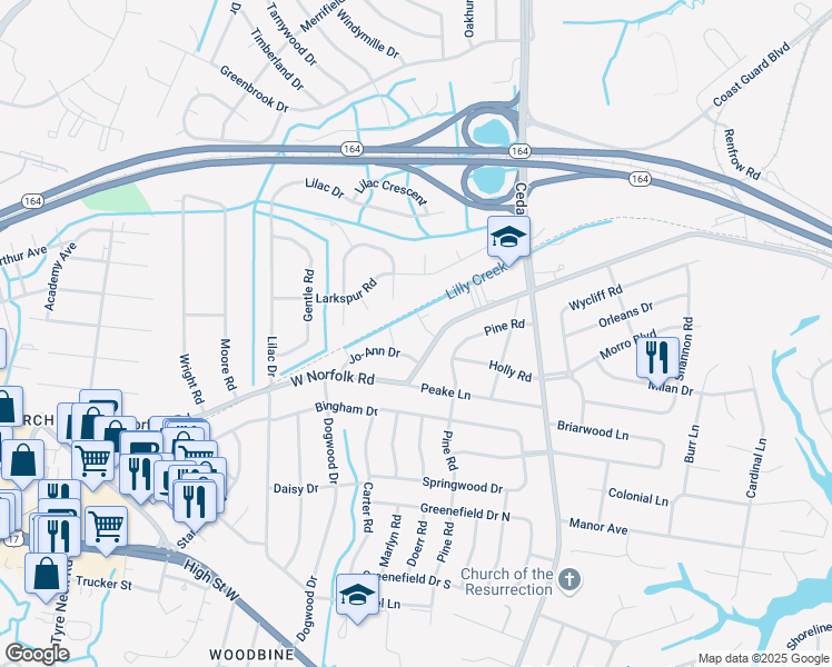 map of restaurants, bars, coffee shops, grocery stores, and more near 5200 West Norfolk Road in Portsmouth