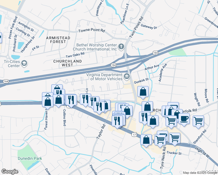 map of restaurants, bars, coffee shops, grocery stores, and more near 3156 Havenwood Court in Portsmouth