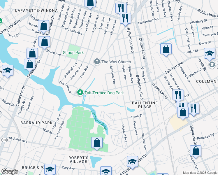 map of restaurants, bars, coffee shops, grocery stores, and more near 2847 Tait Terrace in Norfolk