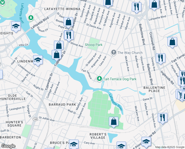 map of restaurants, bars, coffee shops, grocery stores, and more near 2617 Gornto Avenue in Norfolk