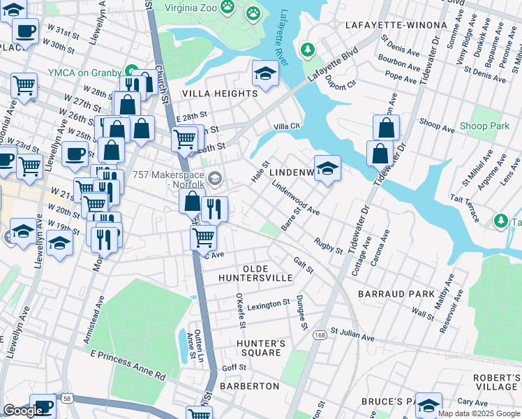 map of restaurants, bars, coffee shops, grocery stores, and more near 830 Pollard Street in Norfolk