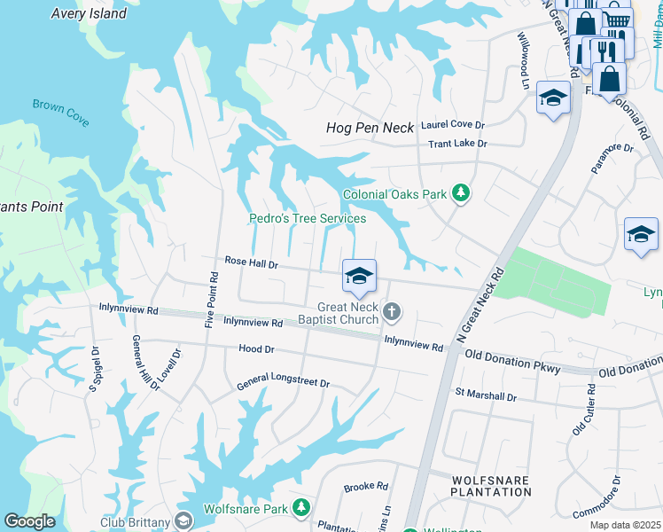 map of restaurants, bars, coffee shops, grocery stores, and more near 1101 Allenwood Avenue in Virginia Beach