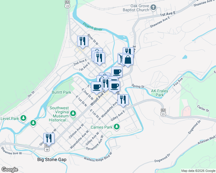 map of restaurants, bars, coffee shops, grocery stores, and more near 405 U.S. 58 Alternate in Big Stone Gap