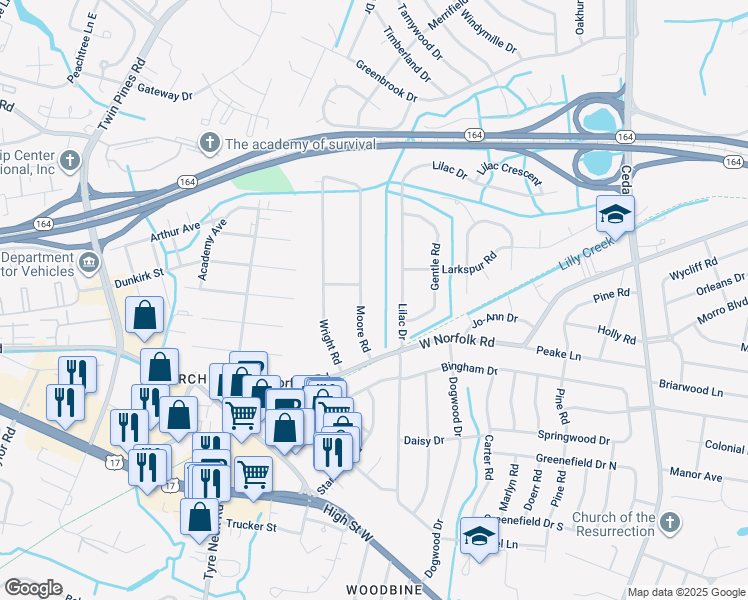map of restaurants, bars, coffee shops, grocery stores, and more near 3517 Moore Road in Portsmouth