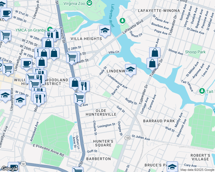 map of restaurants, bars, coffee shops, grocery stores, and more near 881 Rugby Street in Norfolk