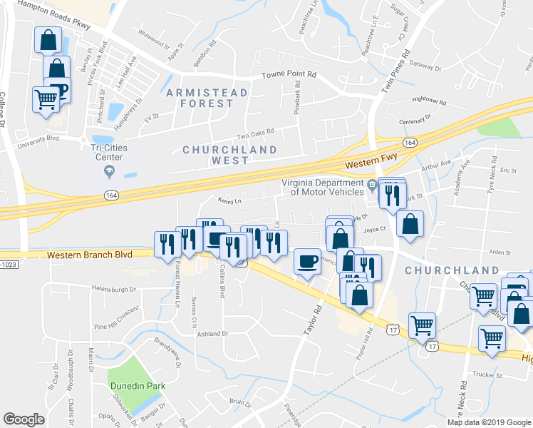 map of restaurants, bars, coffee shops, grocery stores, and more near 3622 Tejo Lane in Portsmouth