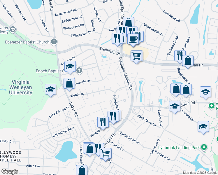 map of restaurants, bars, coffee shops, grocery stores, and more near 5742 Weblin Drive in Virginia Beach