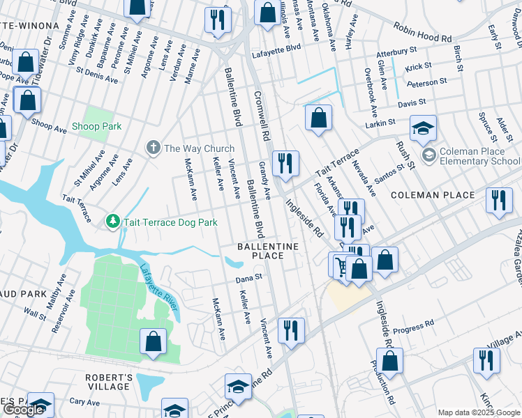 map of restaurants, bars, coffee shops, grocery stores, and more near 2540 Ballentine Boulevard in Norfolk